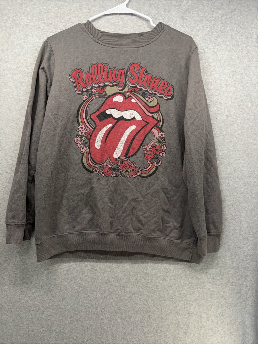 the Rolling Stones Gray Crewneck Sweatshirt with Red Tongue Graphic
